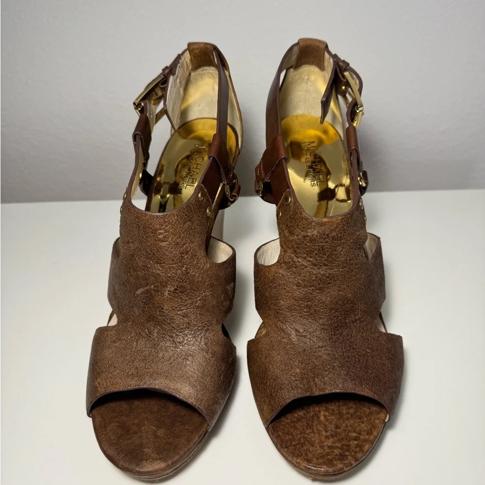 Michael Kors Brown Leather Wedge Sandals - Picture 3 of 5